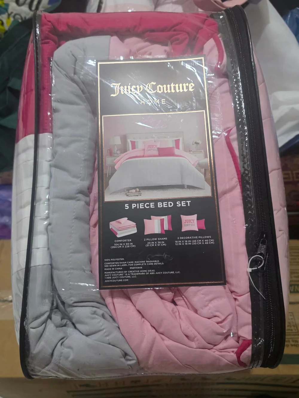 Juicy Couture Pink and Gray Colorblock 5-Piece King Size Bedding Set